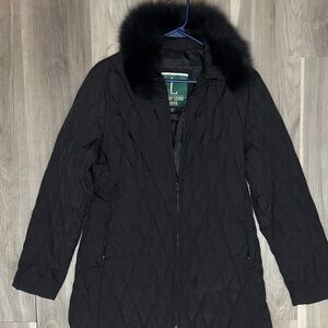 Larry Levine Quilted Duck Down Puffer Jacket Black Fox Fur Trim Collar